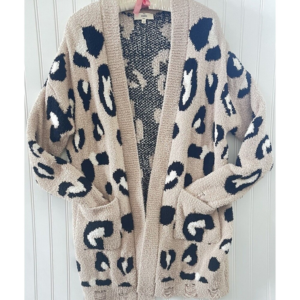 Entro Open Front Women’s Cardigan Cheetah Print Beige Blk White Pockets Medium
